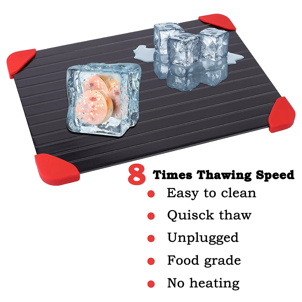

Aluminium Alloy Defrosting Tray Pad with Red Silicone Border Thaws Frozen Meat Food Faster Quicker Safest