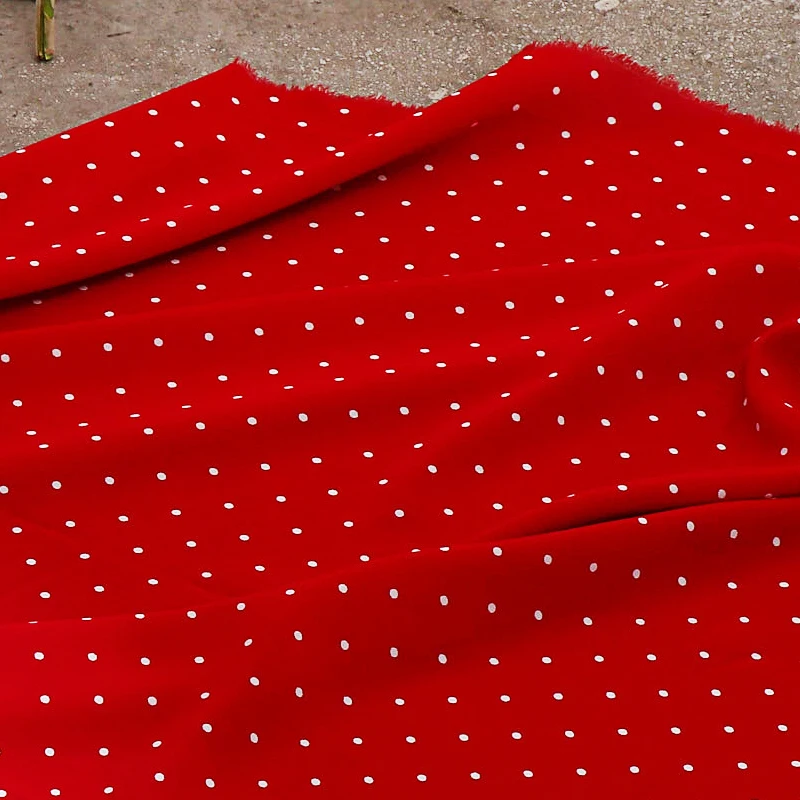 

Chiffon Fabric High Twisted Hemp Big Red Polka Dot Printed Fabric Dress Shirt Skirt Apparel Fabric Handmade diy