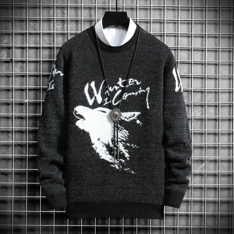 

Men's Winter Sweater Round Neck Pullover Youth Knitted Pullovers 2021 Vintage Streetwear Casual Slim Fit Knitwear Tops Clothing