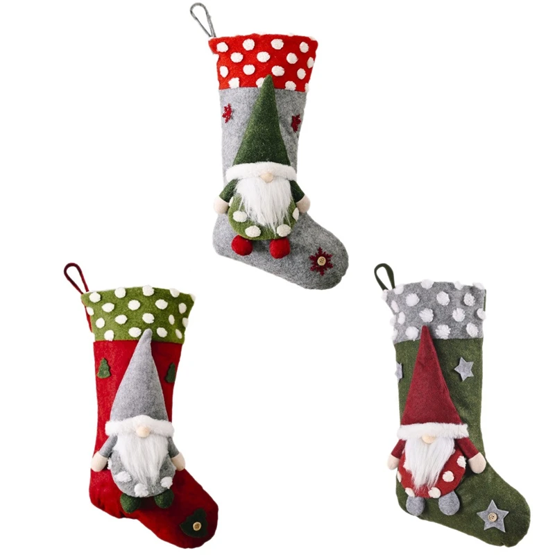 

3Pcs Christmas Stockings, Gnomes Santa Christmas Stockings Fireplace Hanging Stockings For Family Christmas Decoration