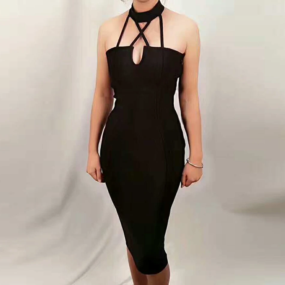

Summer Sexy Sleeveless V-necked Midi Celebrity Evening Dress with Black Strap Club Bandage