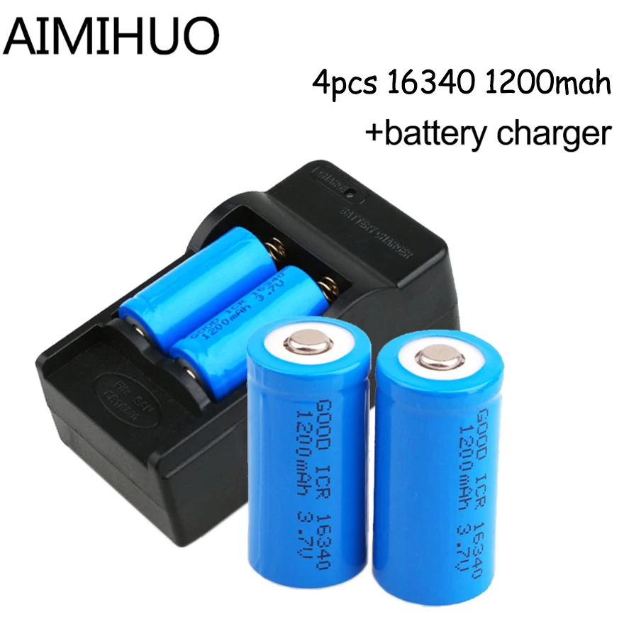 4pc 16340 3.7V 1200mAh CR123A Rechargeable Li-ion Battery for LED Flashlight Torch +Travel Wall Charger For 16340 CR123 Batteria
