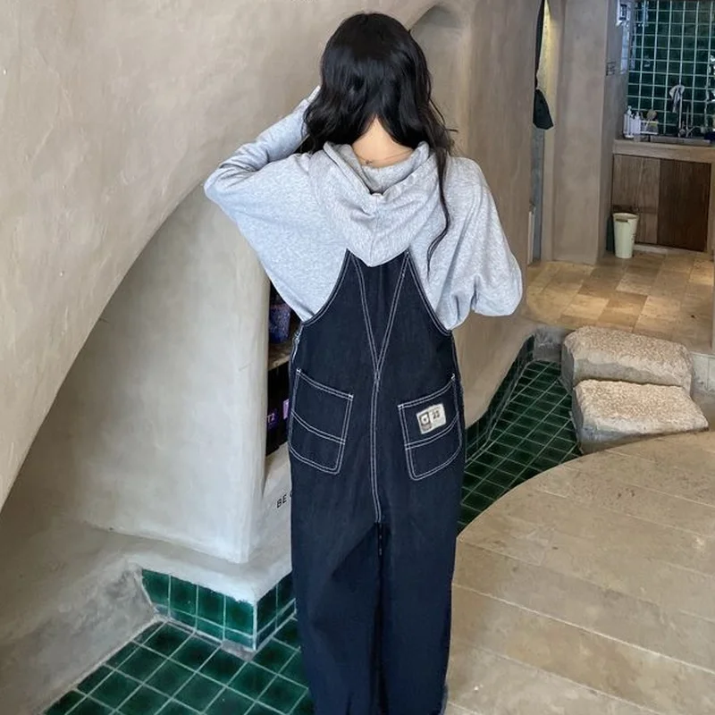 

Denim Jumpsuits Women Straight Blue Printed Korean Style Fashionable Young School Girls All-match Boyfriend Streetwear Leisure