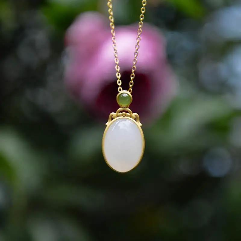 

Natural Hetian Jade White Jade S925 Sterling Silver Pendant Oval Jade Necklace Simple Retro Gilding Craft Necklace