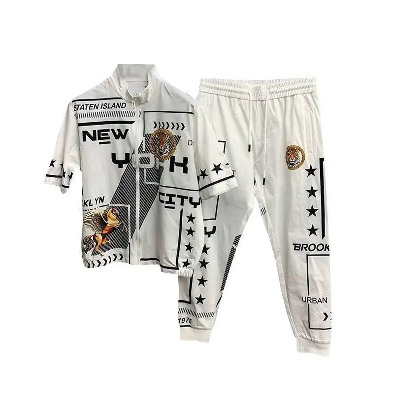 

Outfits men's tide brand personality 2021 summer new tiger Pegasus printed cardigan collar two-piece set