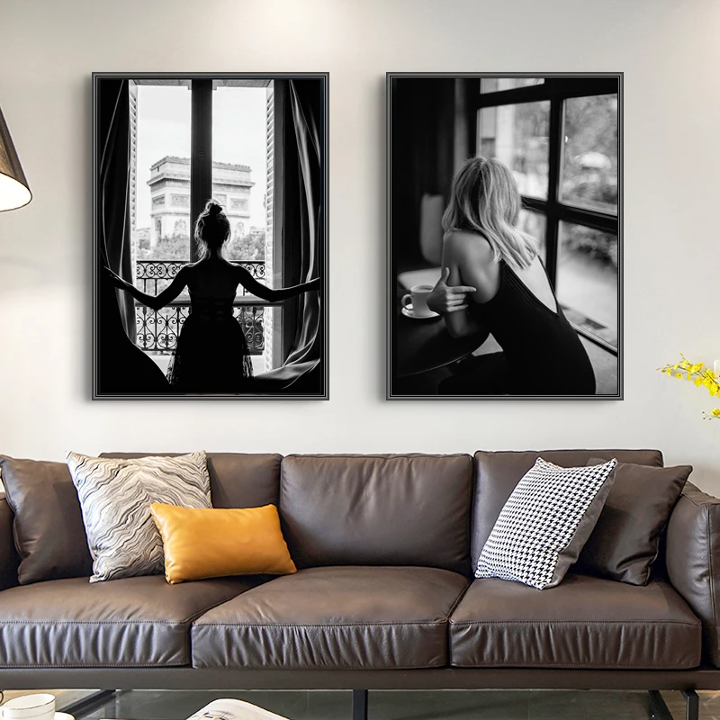 

Black and White Sexy Window Ballet Girl Nordic Canvas Painting Beautiful Woman Posters Wall Art Pictures Living Room Home Decor
