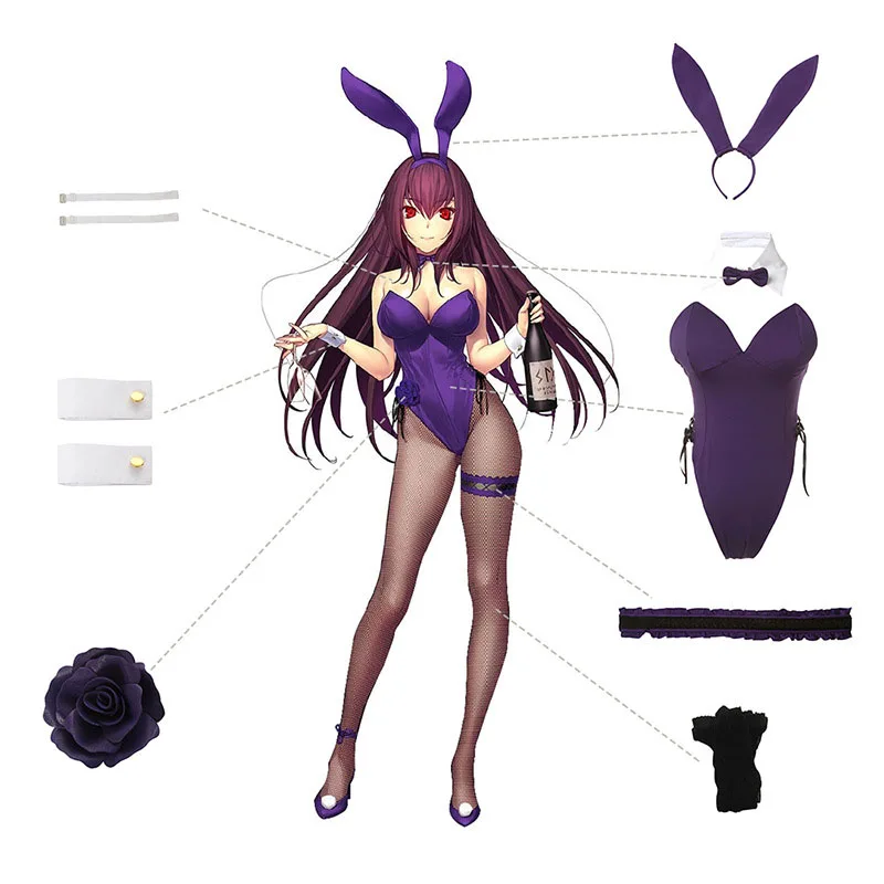 

Fate/Grand Order Sexy Costume Game Cos Fgo Scathach Cosplay Bunny Girl Jumpsuit With Purple Rabbit Hair Band