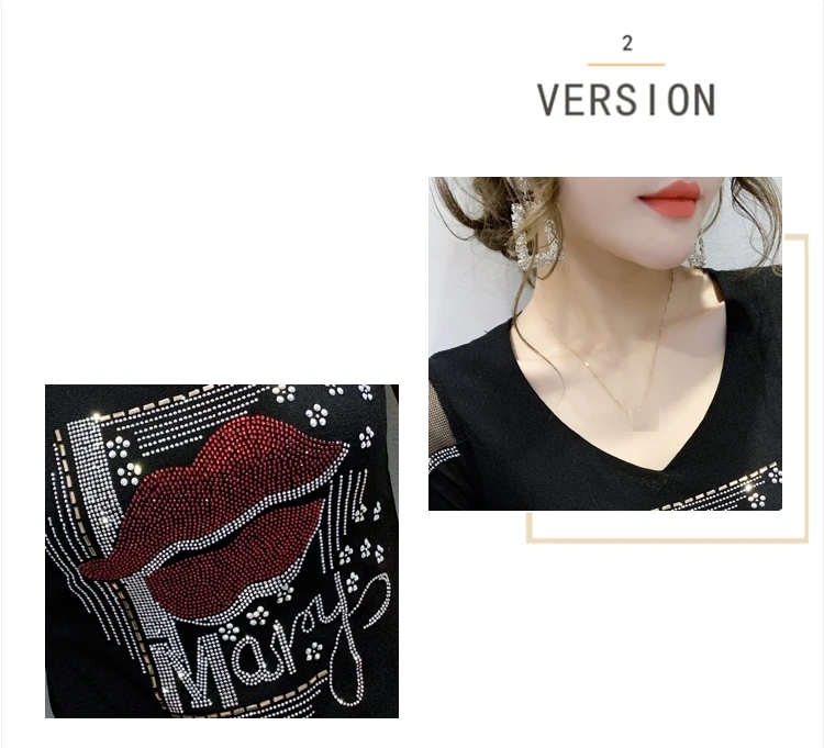 

Summer Korean Clothes T-shirt Fashion Diamonds Lip Women Tops Ropa Mujer Cotton Short Sleeve Lace Sexy Back Shirt Tee New T03804