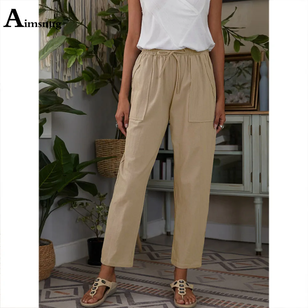 Women Cotton Linen Pants 2021 Summer Trousers Khaki Casual Drawstring Loose Pantalon Female Ankle-Length Pants