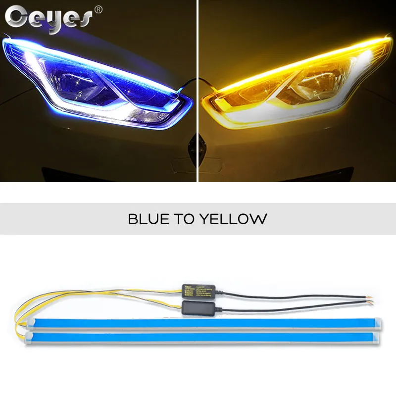 Blue To Yellow Ceyes 2 шт. 12 В Автомобильные Аксессуары DRL дневные ходовые огни Светодиодный дневной подсветка времени Гибкая Поворотная сигнальная фара лампа полоса для авто - Цвет: Blue To Yellow