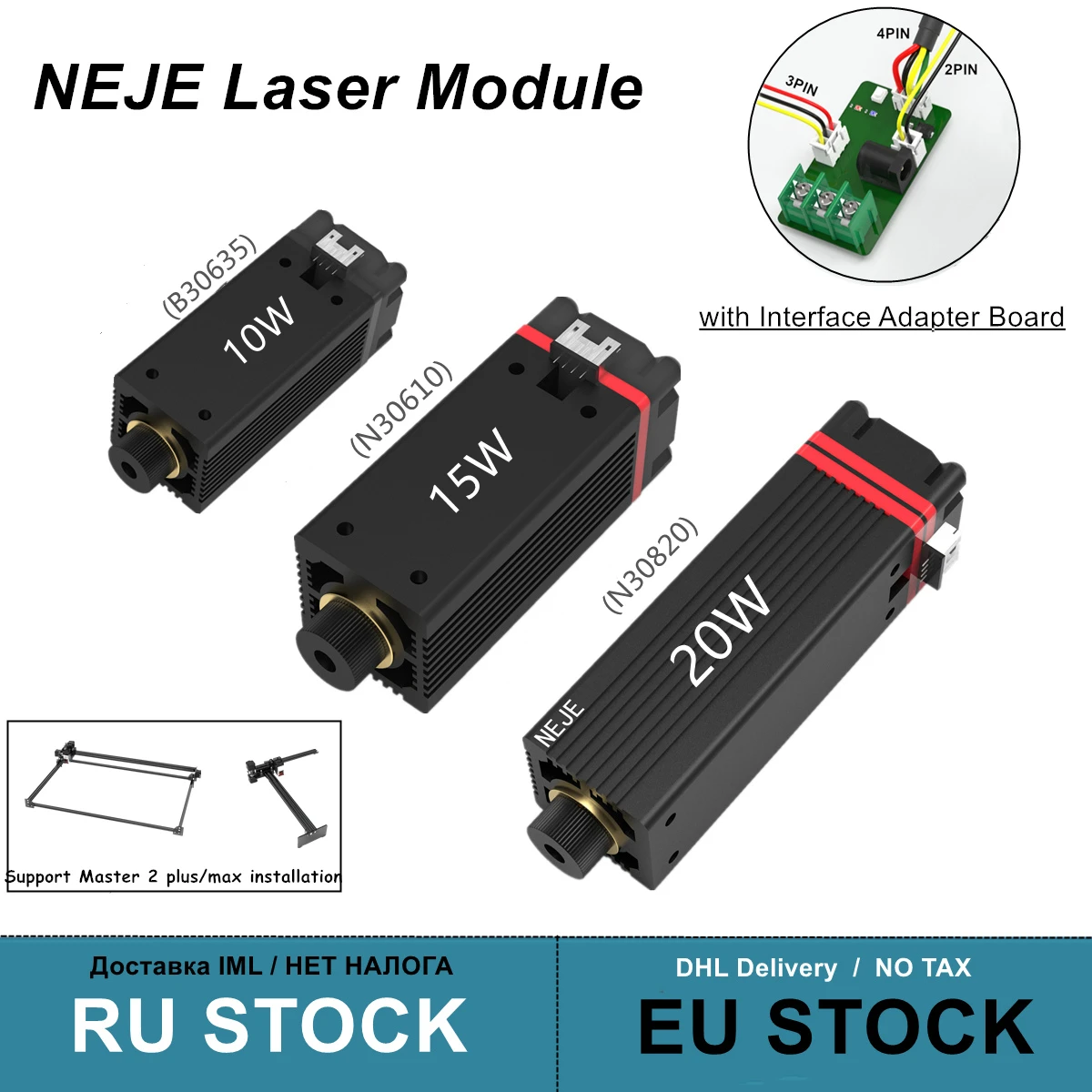 NEJE 40W Laser Module Head Kits 450nm/405nm Blue Light TTL Adjustable Focus for CNC Laser Cutter Engraver Suitable for 2/3/4PIN