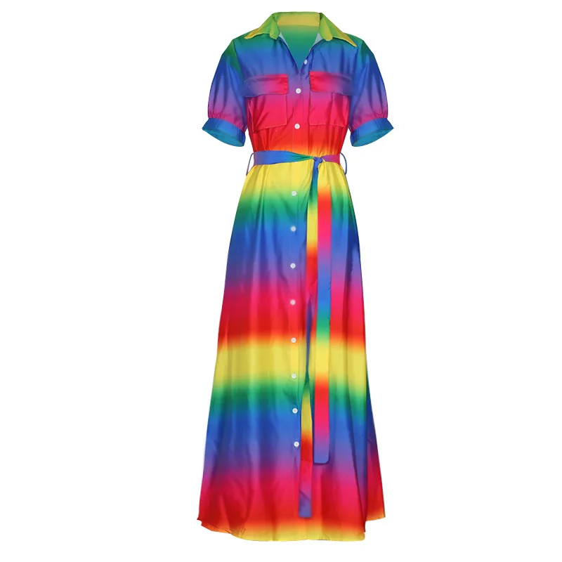 Женское винтажное платье-рубашка на пуговицах длинное Радужное в полоску с