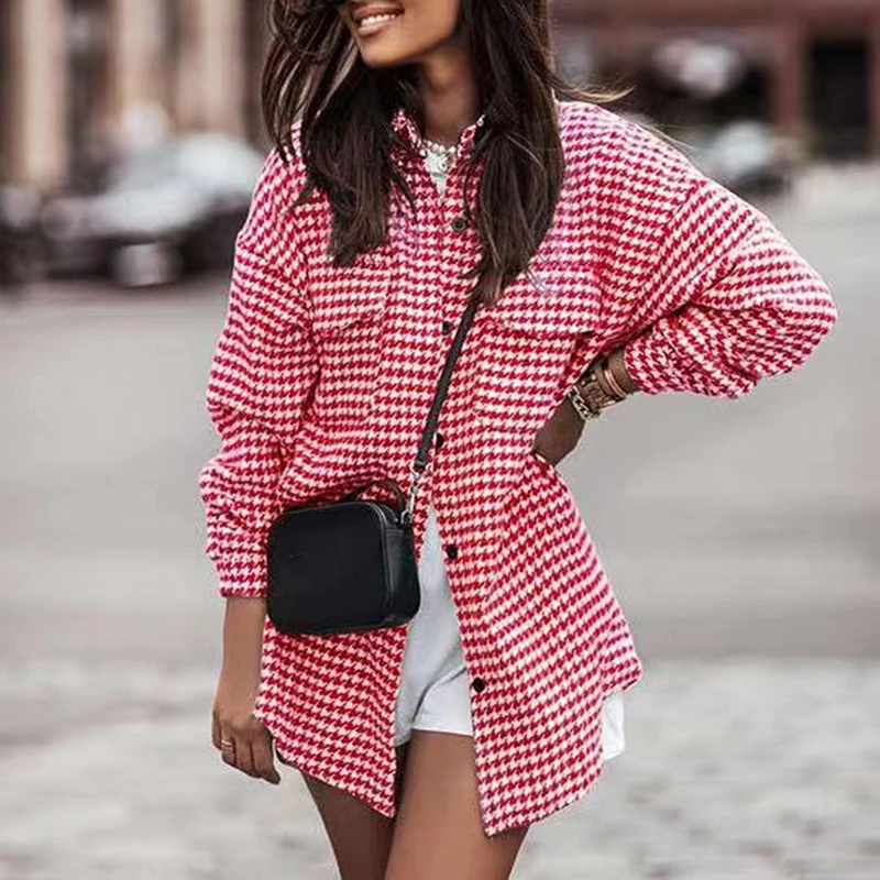 

Women Y2K Fashion Loose Coat Long Sleeve Lapel Houndstooth Single-Breasted CoatAutumn Leisure Blouse Tops Streetwear