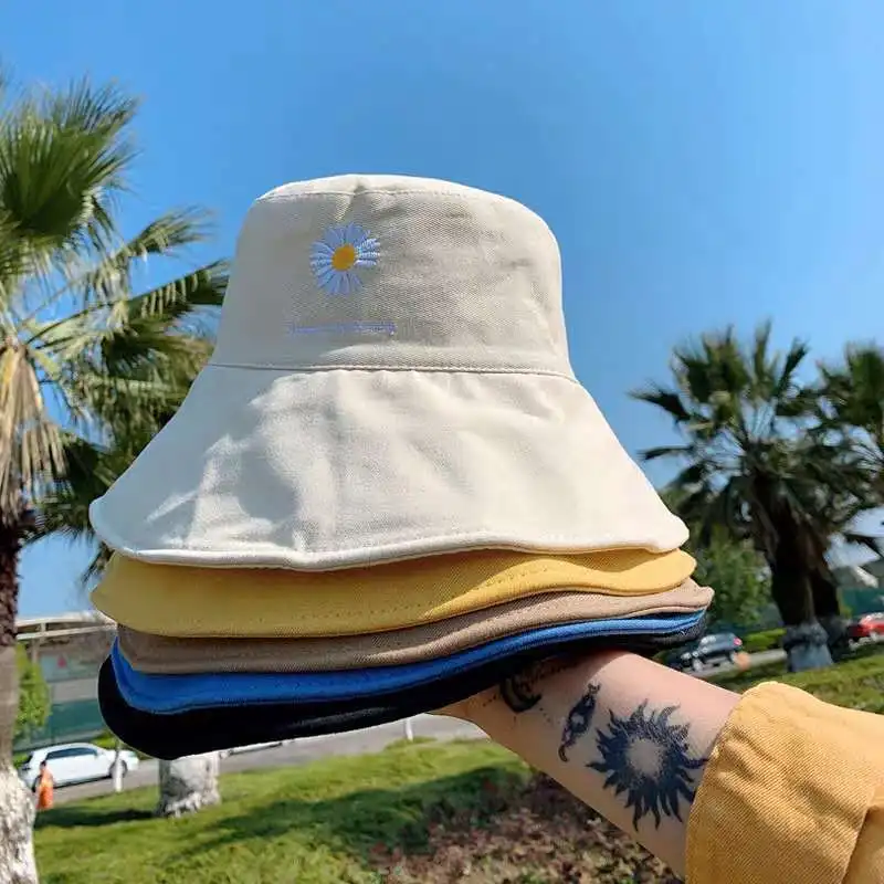 Panama For Women Spring Daisy Embroidered Bucket Hat Women's Flat Top Cotton Panama Summer Short Brim Cover Outdoor Sun Hat