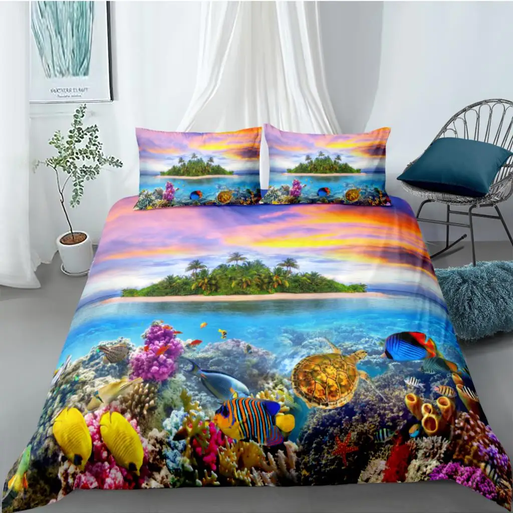 

3D Yellow Duvet Cover Sets Sea Animals Comforter Cases and Pillow Covers King Queen Super King Twin Size 140*200cm Bedding Set