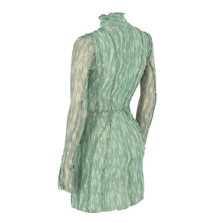 

2021 spring new female MINI short sexy Hollow out bandage dress Elegant long sleeve bodycon Green drawstring dresses for party