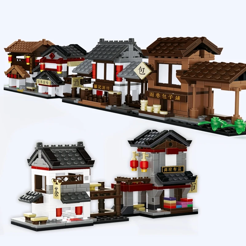 

Строительные блоки MOC, Китайская древняя уличная пейзаж, «сделай сам», городские украшения, творческая развивающая сборка, детские игрушки