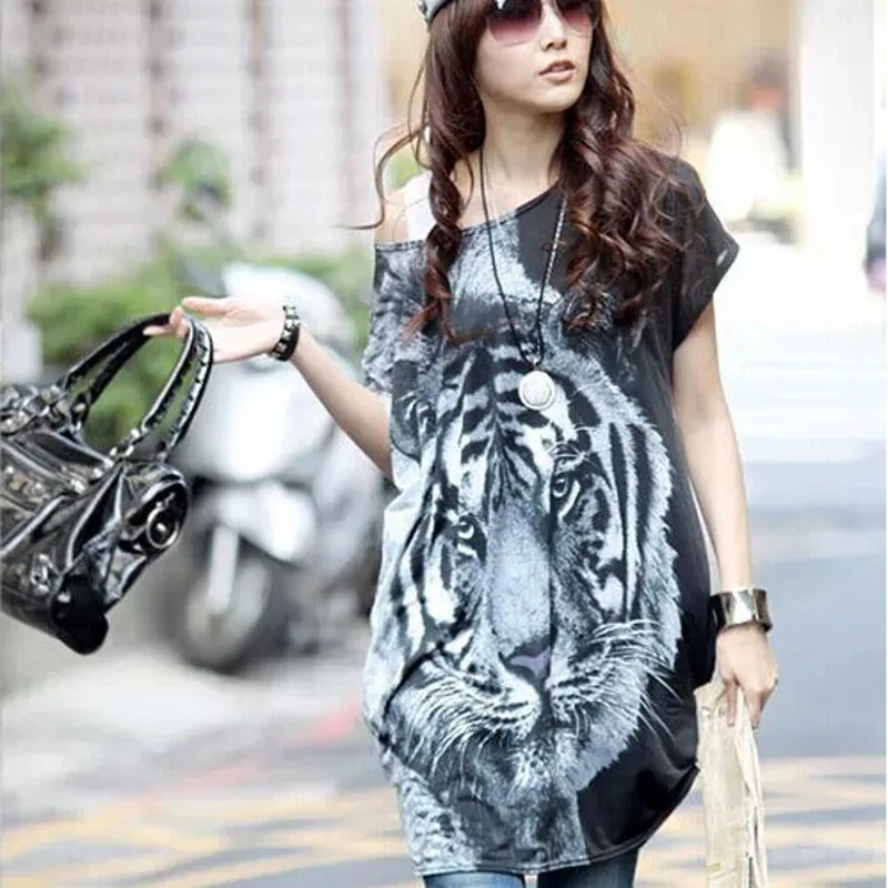 

Womens Summer Animal Printing Medium Length Pullover Tees Top Short Batwing Sleeve O-Neck Loose Plus Size L-3XL Female T-Shirts