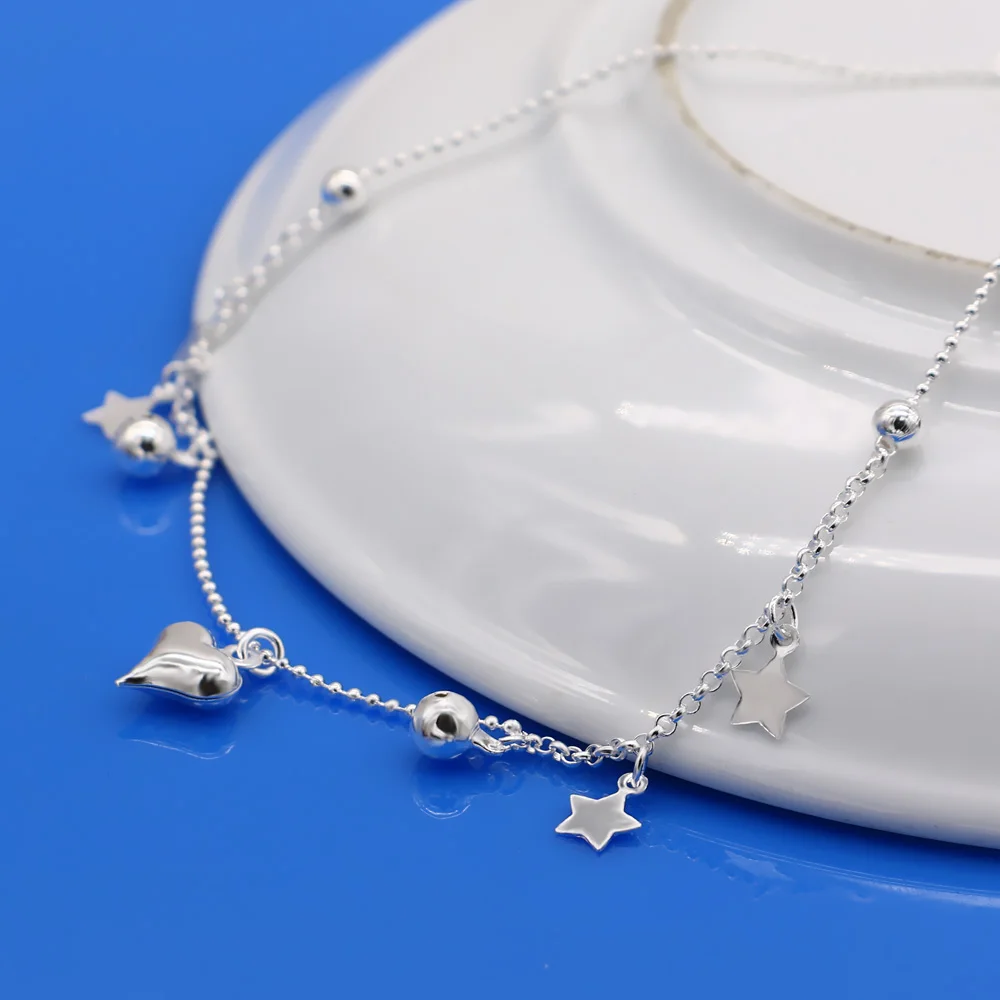 Цепочка на ногу из серебра с подвеской звездами и колокольчиками|anklets leather|bell