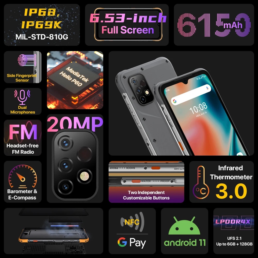 Смартфон UMIDIGI BISON X10 Pro NFC IP68 упрочненный 6 53 дюйма + 128 ГБ тройная камера 20 МП 6150 мАч -