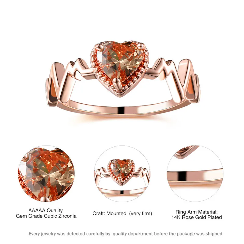 

Luxury Female Champagne Crystal Stone Ring Cute Zircon Rose Gold Color Wedding Rings For Women Charm Heart Beat Engagement Ring