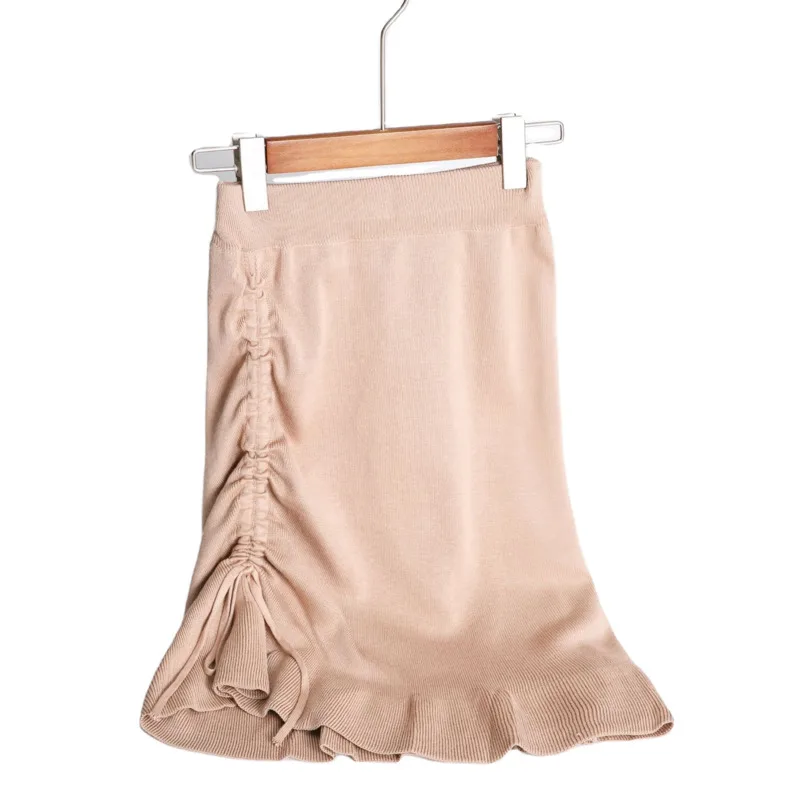 

XUXI 2021 Spring New Women Half-length Skirt Sexy Bag Hip Knit Double Drawstring Ruffled High Waist MINI Skirt E2139