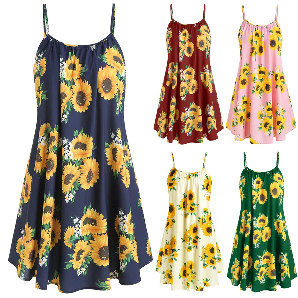 

20#Fashion women Sunflower Print Crisscross Back A Line Cami Dress Summer Spaghetti Strap Dress High Waist Sleeveless Dress