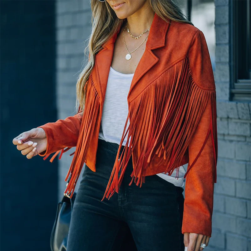 

Faux Suede Tassel Jacket Womens Vintage Lapel Long Sleeve Solid Fringe Cropped Hippie Motorcycle Biker Cardigan Outwears