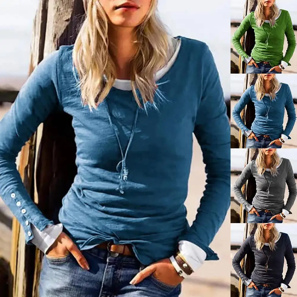 

Women Casual O Neck Long Sleeve Buttons Cuff Slim Pullover Blouse Bottoming Top