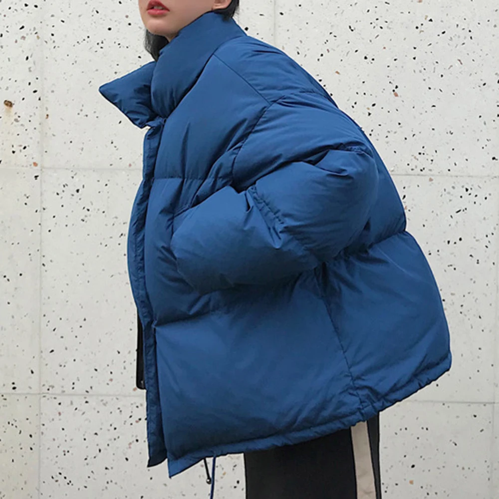 PUIMENTIUA Winter Warm Jacket Women Stand Collar Solid Black White Female Down Coat Loose Womens Plus Size Short Parka New