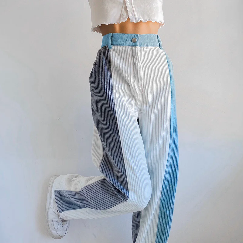 

Patchwork Retro Corduroy Pants High Waist Streetwear Fashion Chic Trousers Aesthetic Vintage Korean Cute Outfits