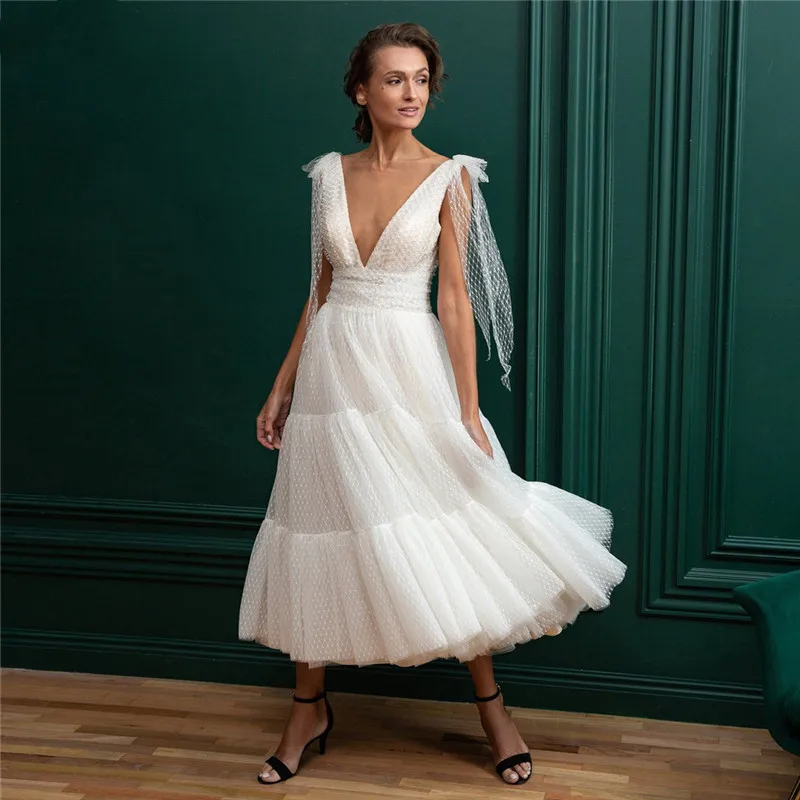 Сексуальное свадебное платье в стиле бохо с V-образным вырезом Короткие складки