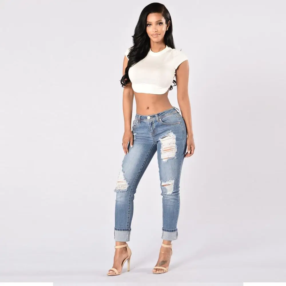 Потертые джинсы женские хип хоп рваные голубые с высокой талией свободные