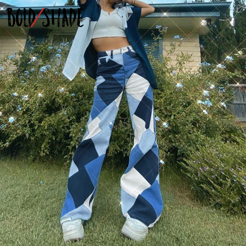 

Bold Shade E-girl Indie 90s Aesthetic Jeans Argyle Patchwork High Waist Women Denim Jeans Skater Style Loose Trousers Spring New