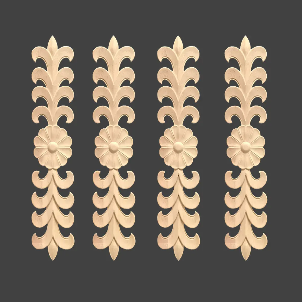 

4Pcs Unpainted Wood Carving Appliques Vintage Figurines Decor Cabinet Solid Decals Flowers Pattern Carved Crafts Accessories