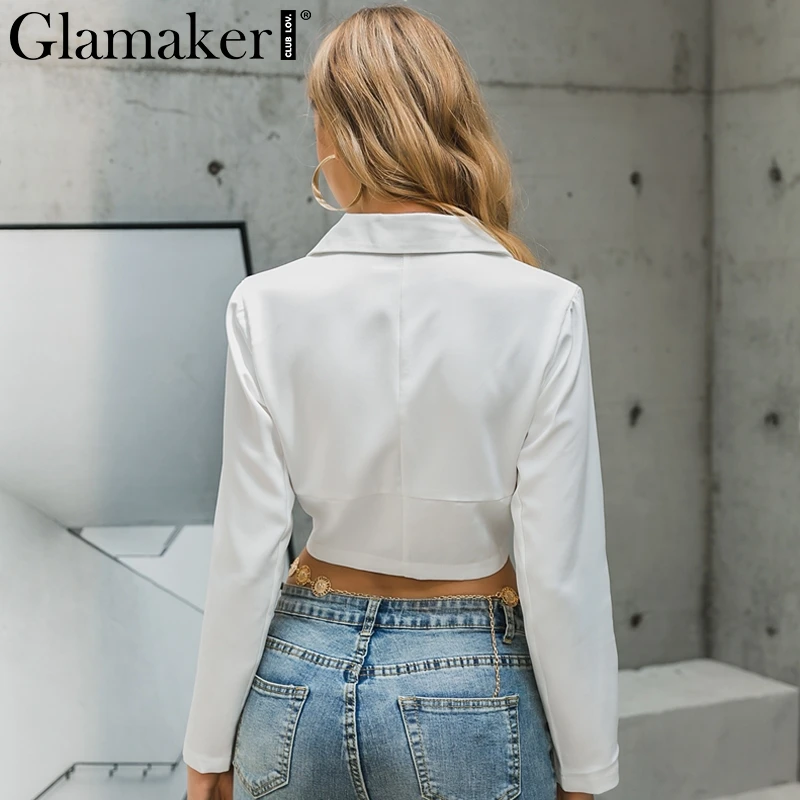 Glamaker сексуальный офисный Белый Тонкий Блейзер с v-образным вырезом, осенняя Элегантная короткая женская куртка, осенняя укороченная куртка, пальто, Блейзер, женская верхняя одежда