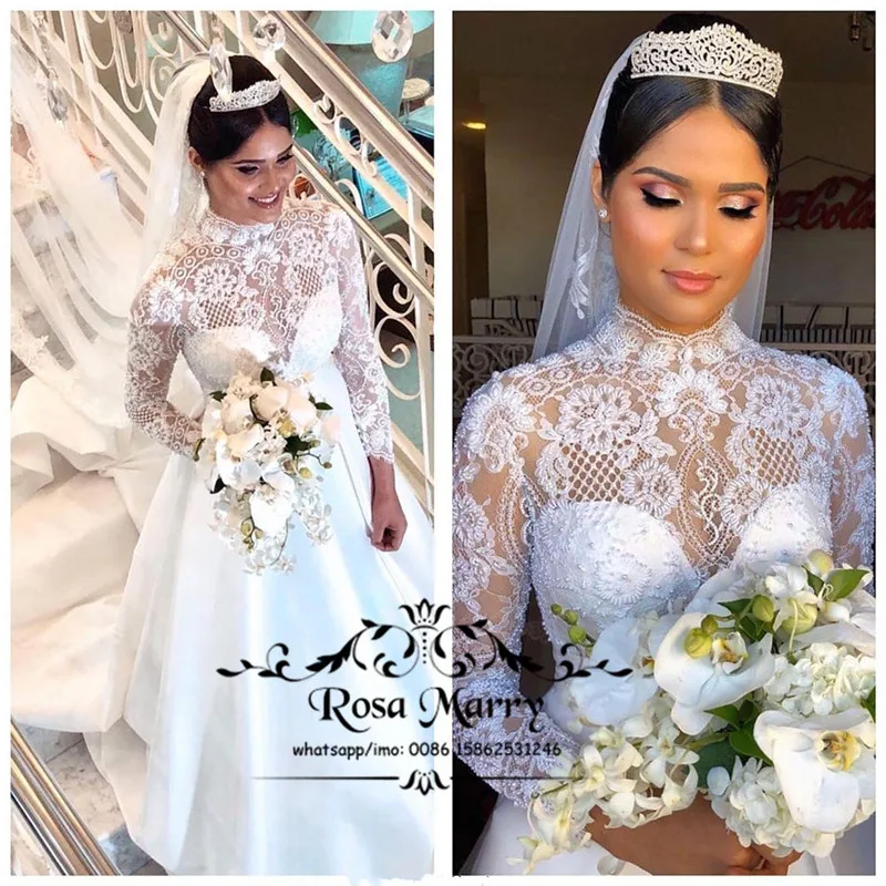 

Modest Vintage Lace Plus Size Wedding Dresses 2020 A Line Long Sleeves High Neck Muslim Elegant Vestido De Novia Bridal Gowns