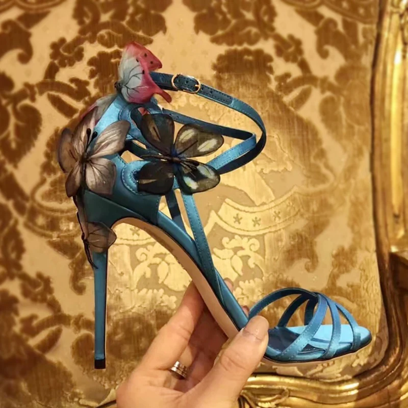 Butterfly Winding Dream Blue Fine-heeled Sandals Ribbon Flowers High-heeled Shoes Large Size Foreign Trade Women's Shoes