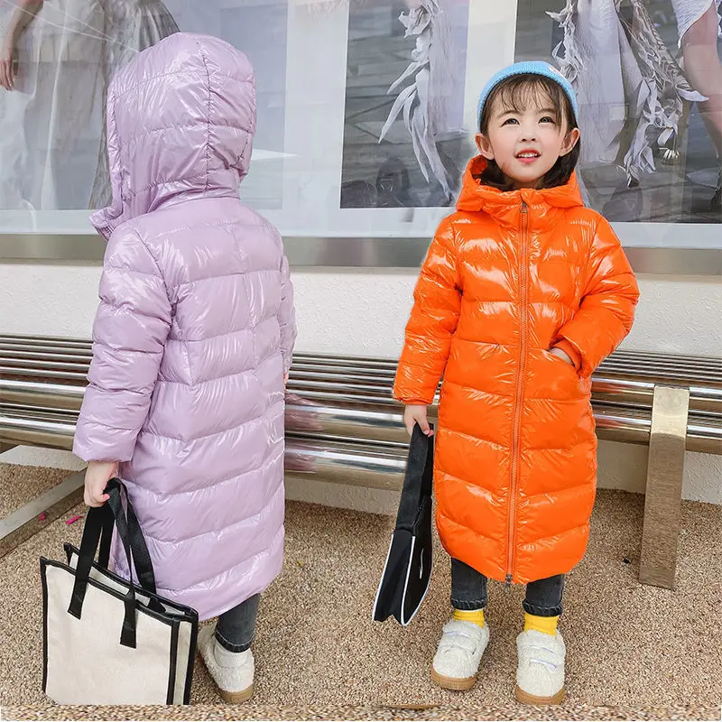 2022 Winter Baby Bright Down Jacket Warm Children's Clothing Kids Hooded Soild Color Long Outerwear Thicken Cold Resistance Coat