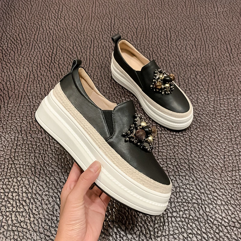 

2021 Thick Bottom Genuine Leather Increased Platform Loafers Crystal Breathable Sneaker Casual Shoes Women Vulcanized Shoes