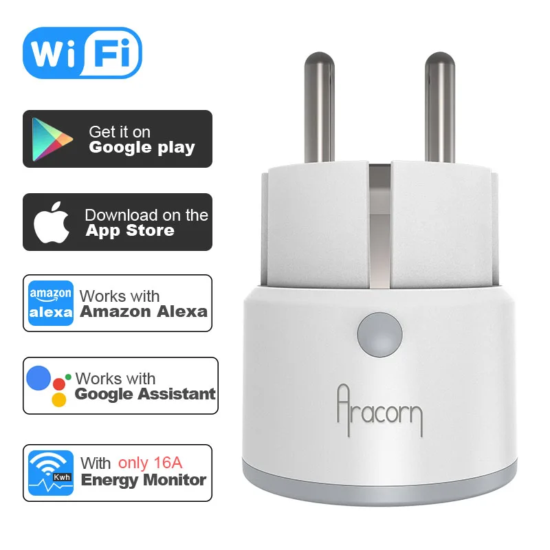 

Aracron WiFi Smart Socket EU 10A/16A Power Monitor Timing Function Smart Plug Tuya APP Control Works With Alexa Google Assistant