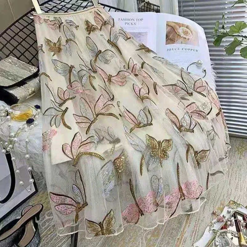 

2021 New Arrival Summer Women Sweet Cute Elastic Waist Mid-calf Skirt Mesh Cartoon Design A-line Embroidery Skirts B516