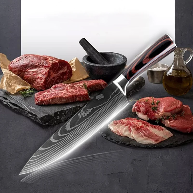 Набор кухонных ножей из дамасской стали с лазерным узором 6 шт. 440C японские