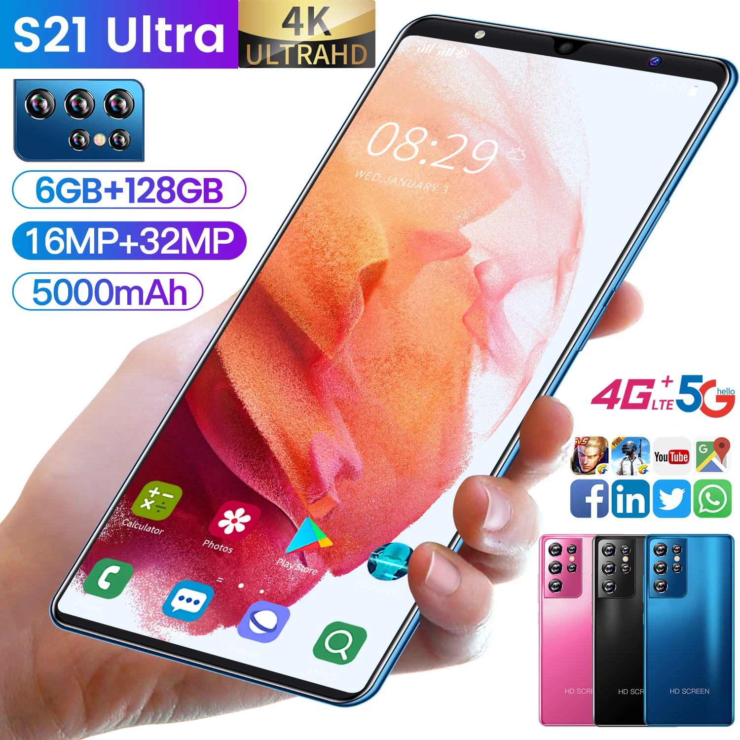 

Samsvng Galaxy S21 Ultra 5.0 Inch 5G Smartphone 8GB 256GB 5000mAh Android 10.0 Support Google Dual SIM 5G Mobile Phone Celular