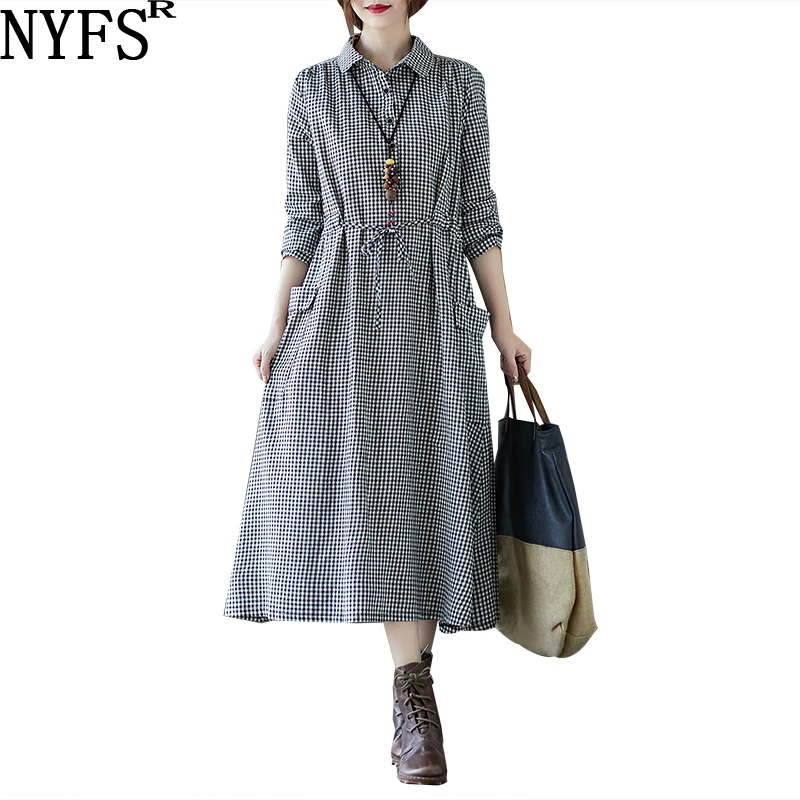 

NYFS 2022 New Spring Autumn dress Loose Vintage Plaid Woman Dress Vestido de mujer Robe Elbise Fashion Shirt dress