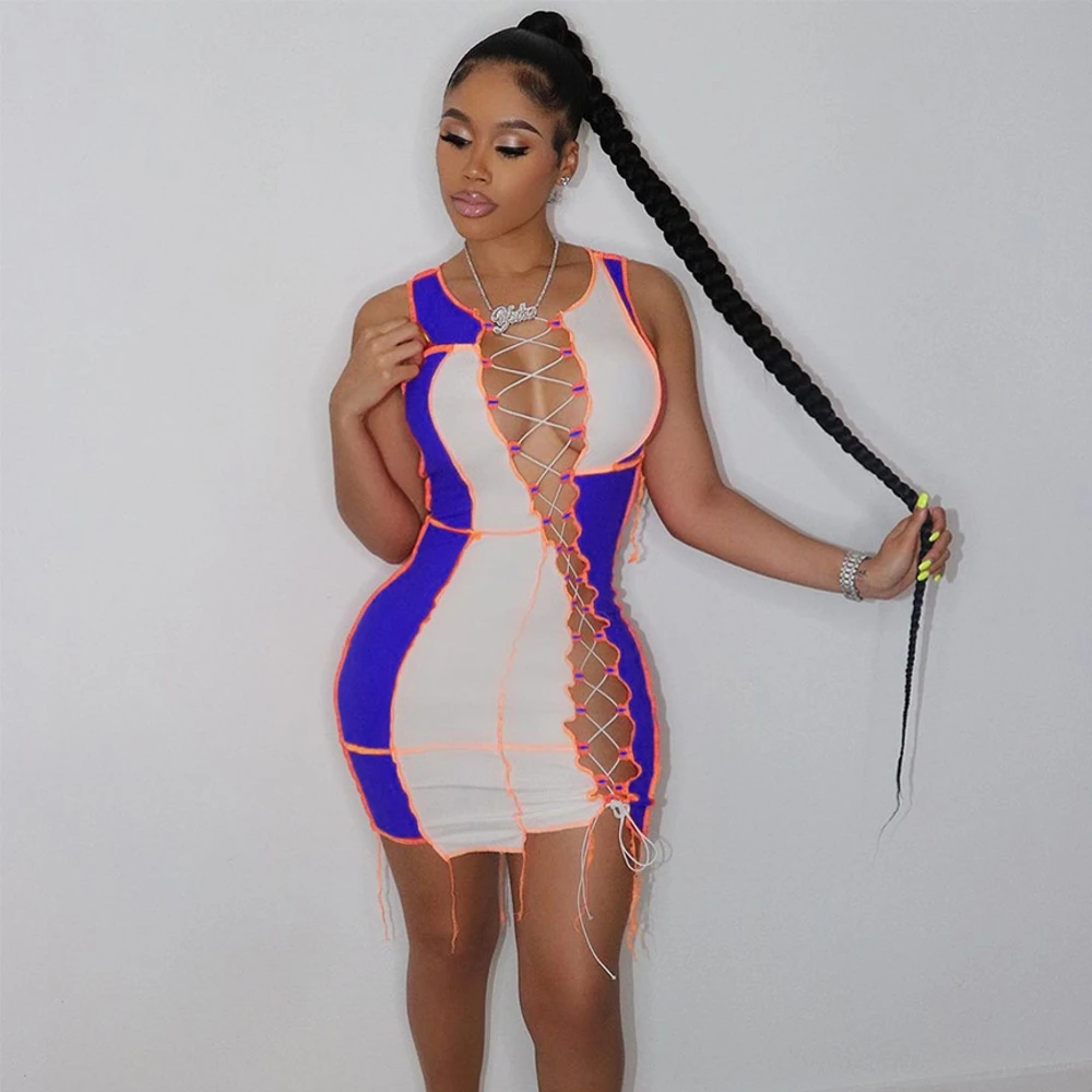 

Соблазнительное Бандажное платье в стиле пэчворк 2021, летняя одежда для женщин, ажурные платья, наряд на день рождения, облегающее мини-плать...