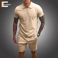 new fashion mens sets 2 piece summer tracksuit male casual polo shirtshort fitness jogging breathable sportswear husband set