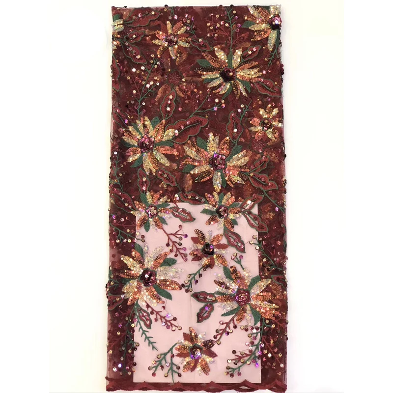 

New African Fabric Lace 2020 Solid Flowers Embroidery With Beads Sequins High Quality Lace Fashion Tulle Polyester Fabrics