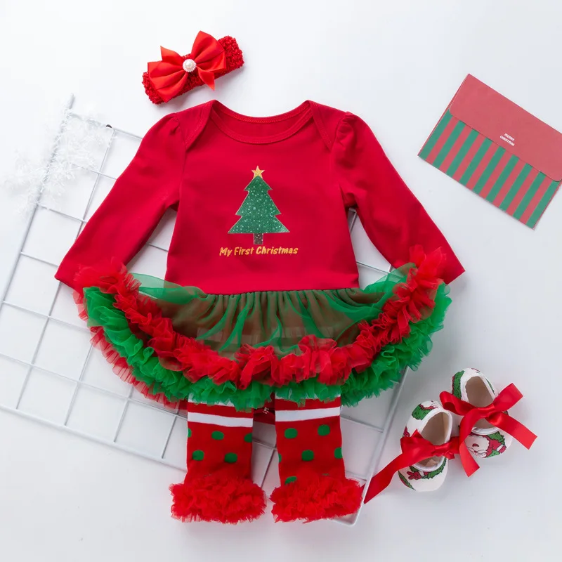 Baby Girl Dress Set My First Christmas Costume Tutu Dresses NewbornToddler Girls Outfits 4pcs Red Romper Shoes Headband Socks | Детская