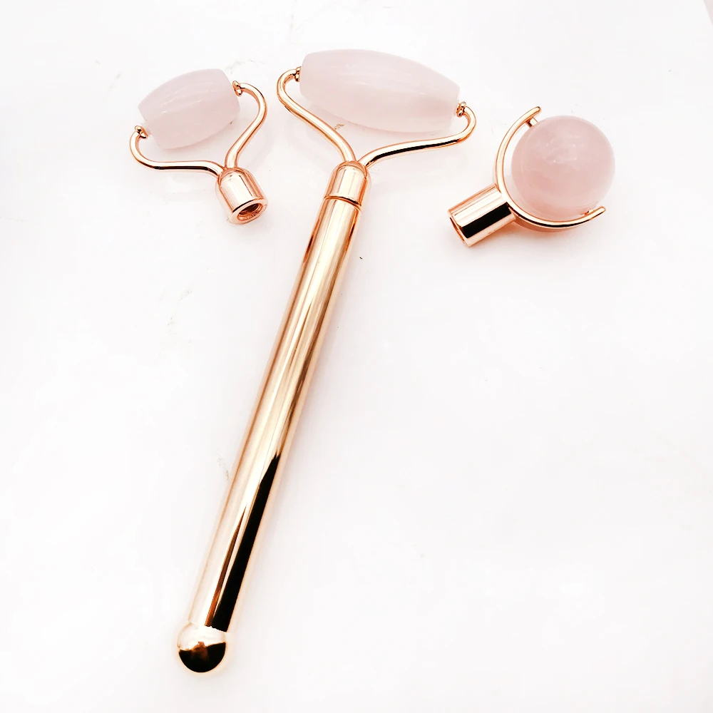 

3 in 1 Rose Quartz Roller Set Removable Replacement Roller Natural Jade Roller Massage Anti Aging Facial Therapy Skin Care Tool